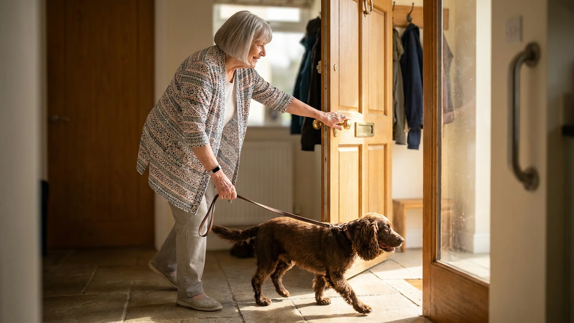 Femme senior depart en promenade avec son chien