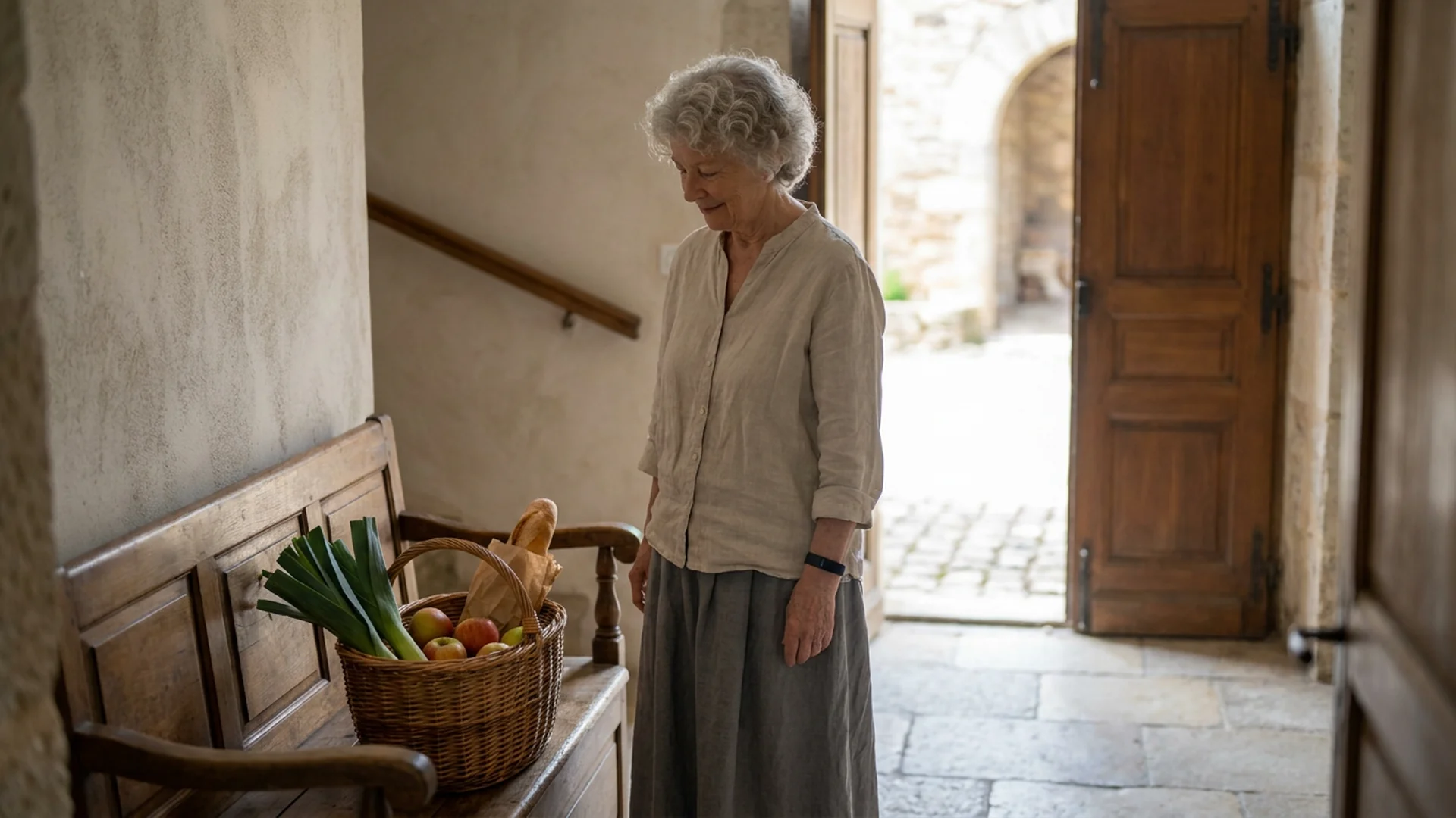 Femme senior retour du marche seuil de maison