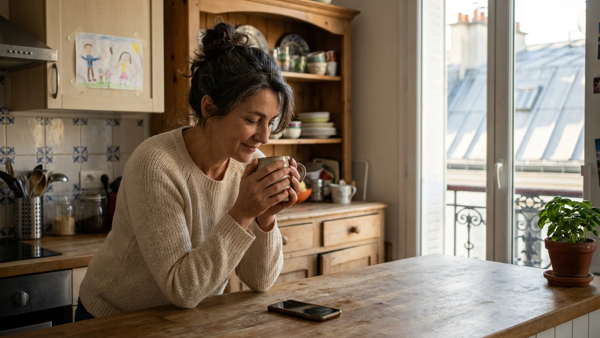 Fille aidante consulte son telephone cuisine appartement