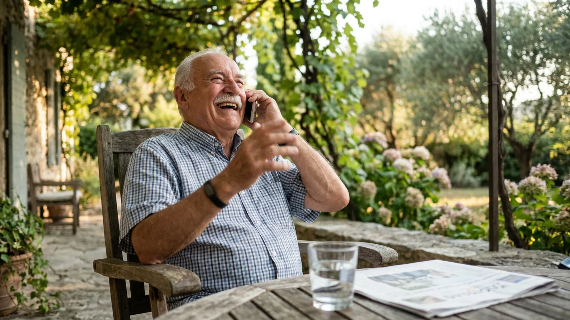 Homme senior appel telephonique terrasse ete