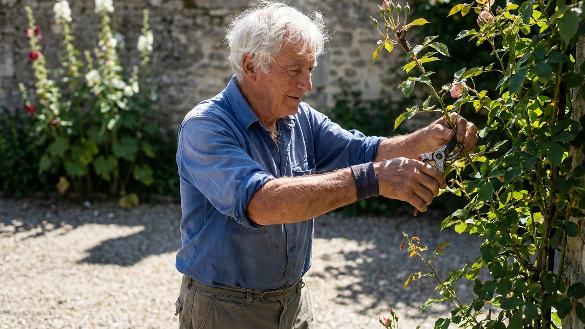 Homme senior taille rosiers jardin plein soleil
