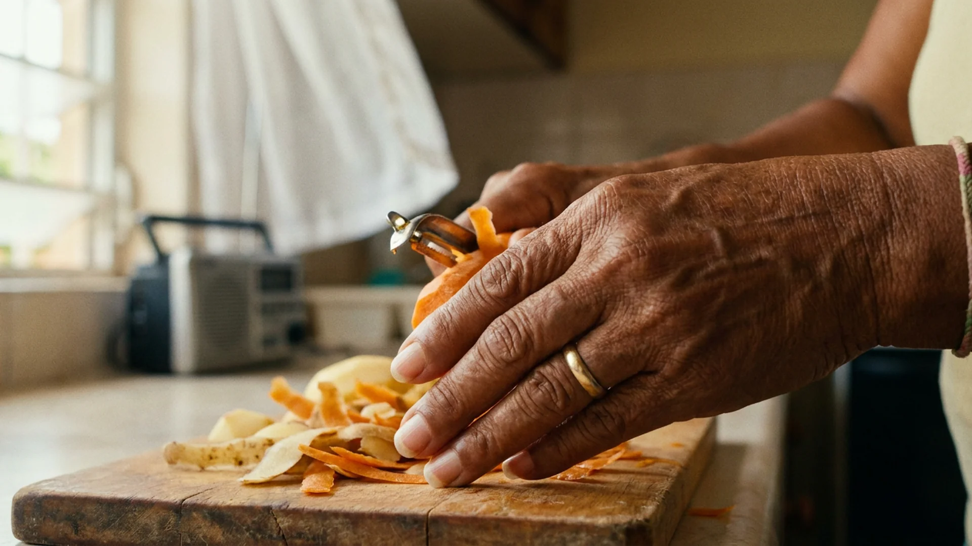 Mains femme senior epluchage legumes cuisine ete