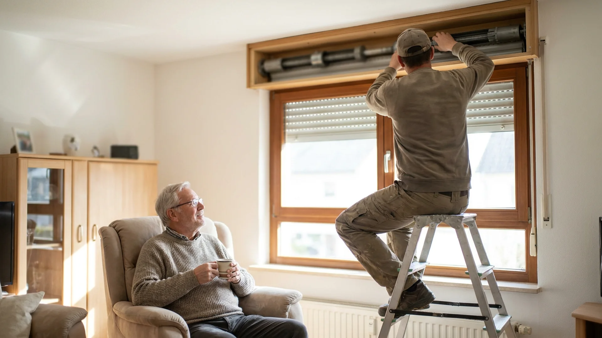 Artisan installe un moteur dans le coffre du volet