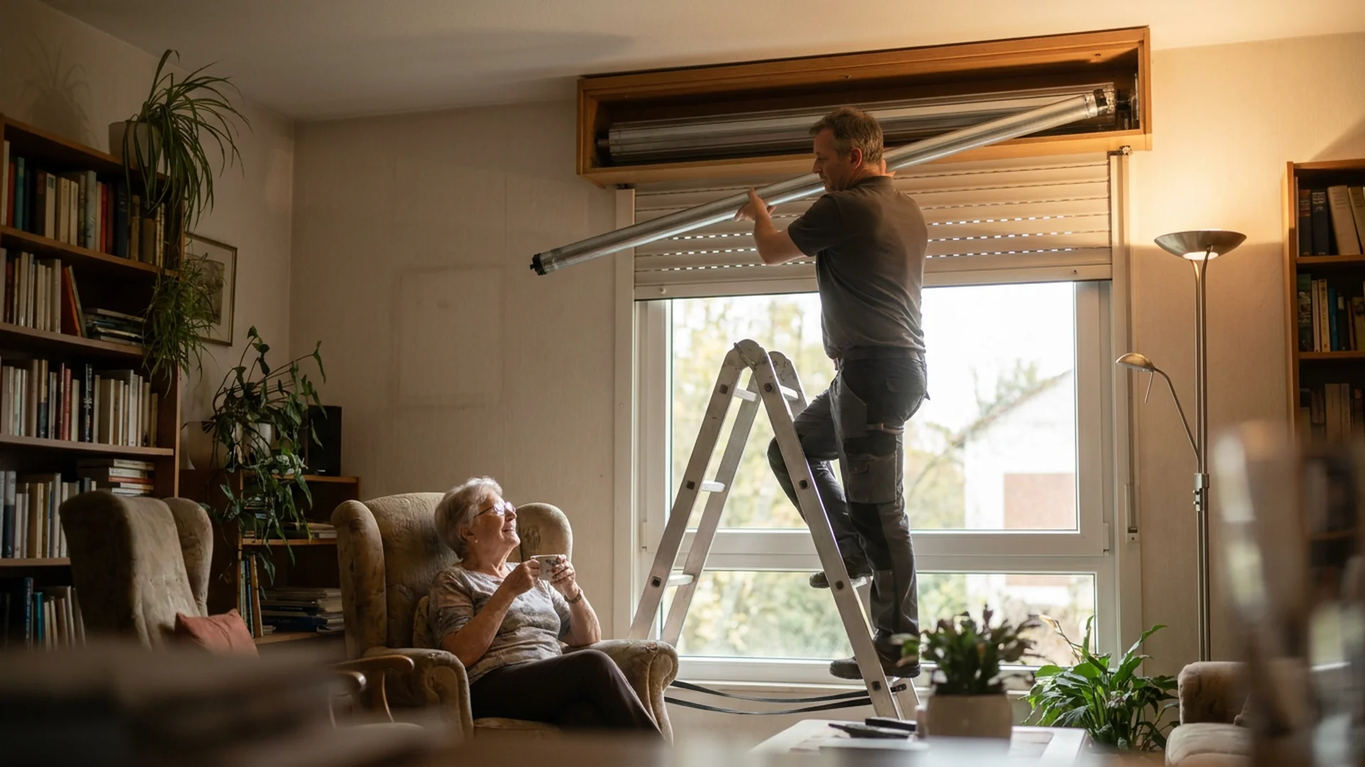 Artisan installe un moteur de volet sous le regard d une senior