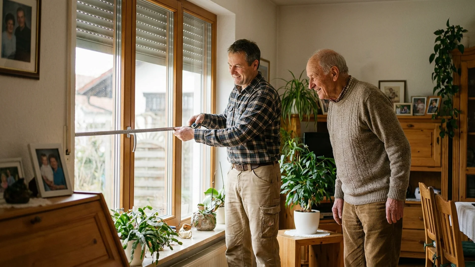 Artisan mesure un volet roulant avec un senior
