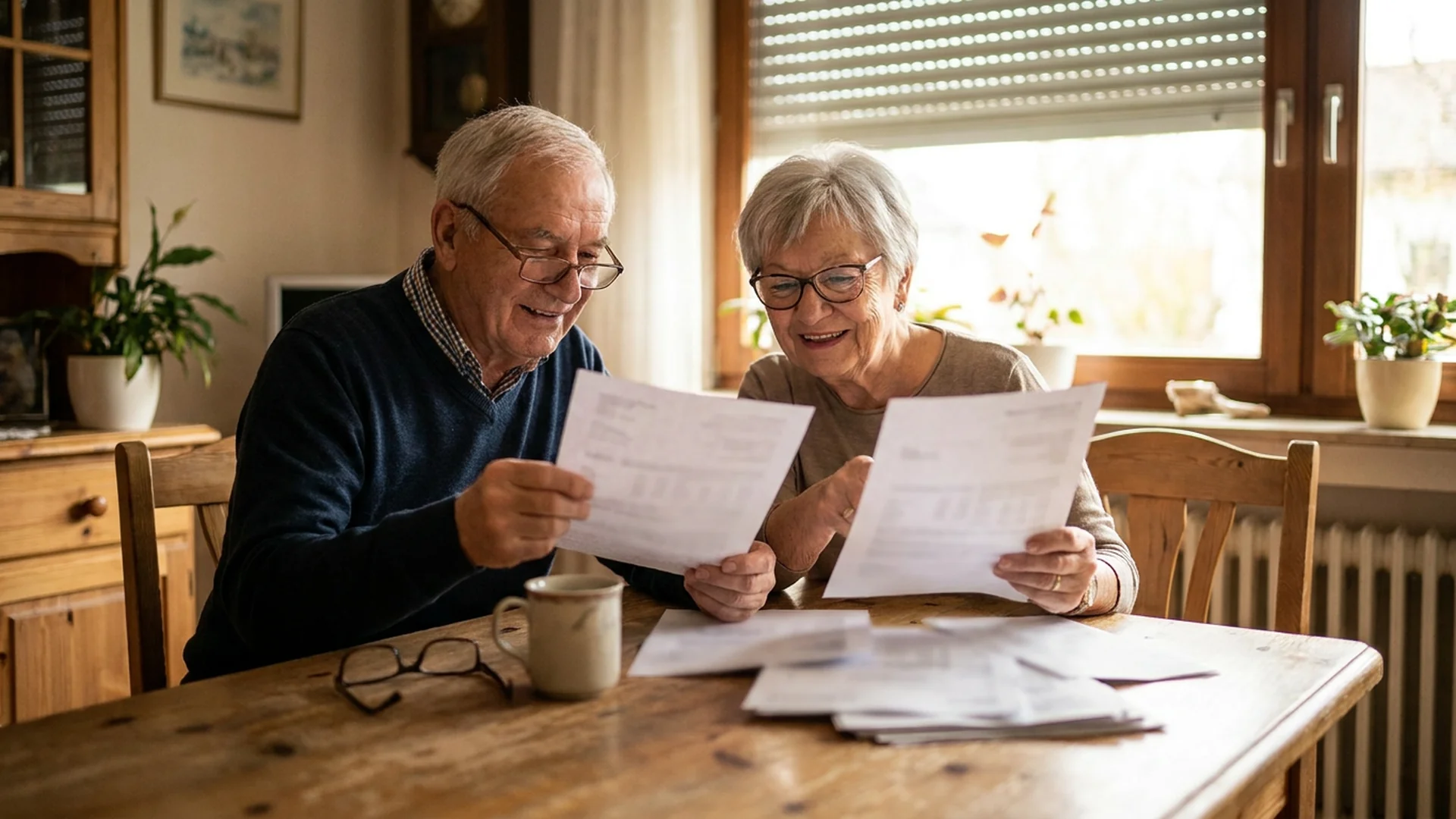 Couple senior compare deux devis de motorisation