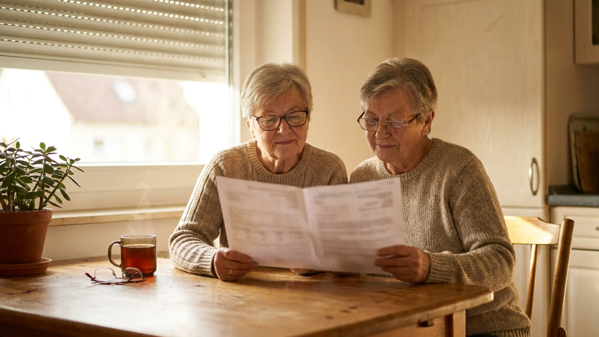 Couple senior lit un devis de travaux dans sa cuisine