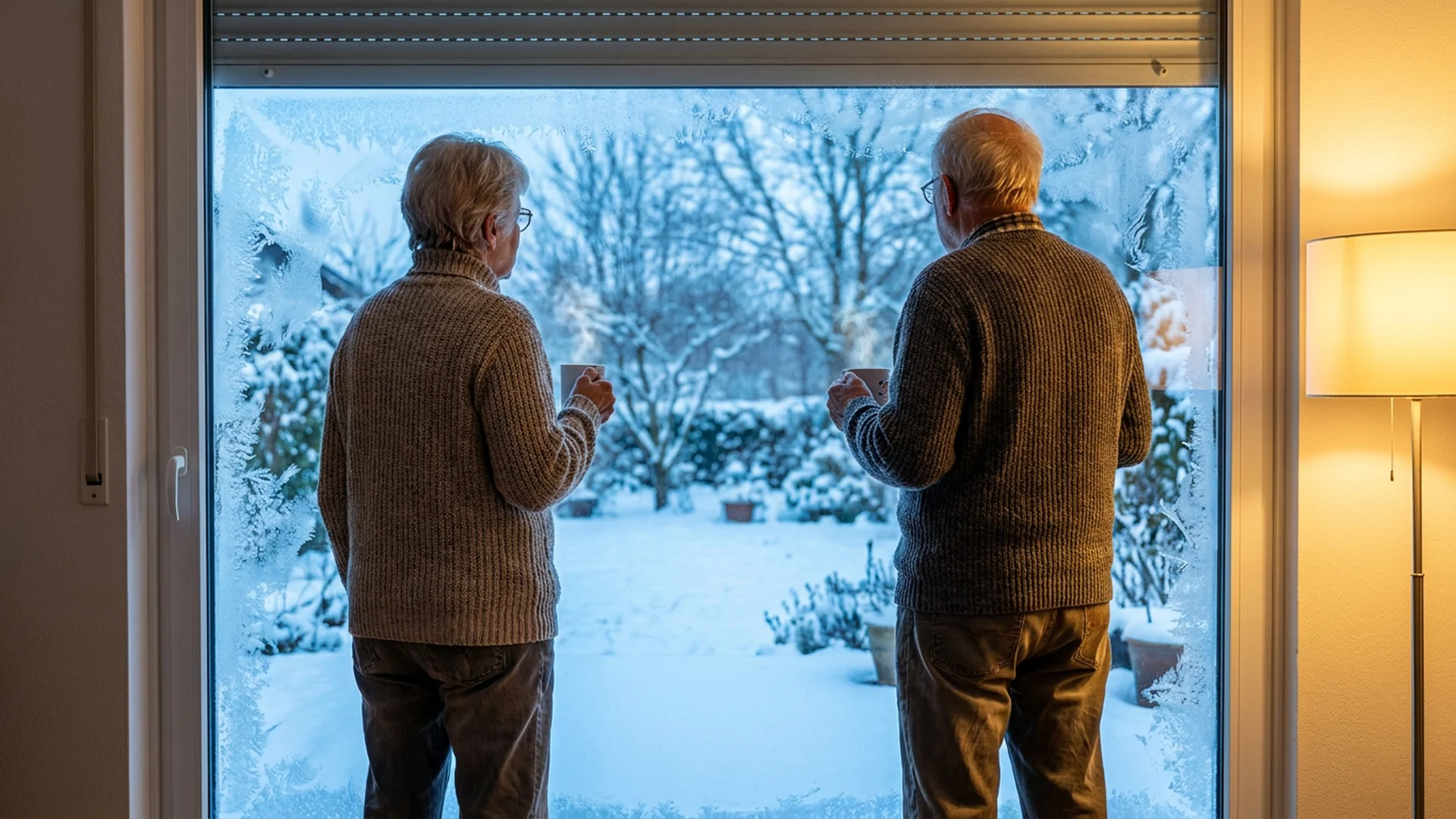 Couple senior matin hiver givre sur la vitre