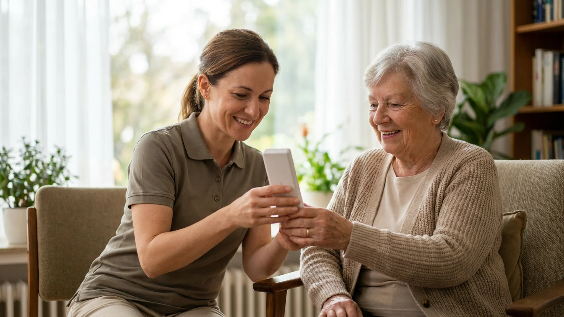 Ergotherapeute montre une telecommande de volet a une senior