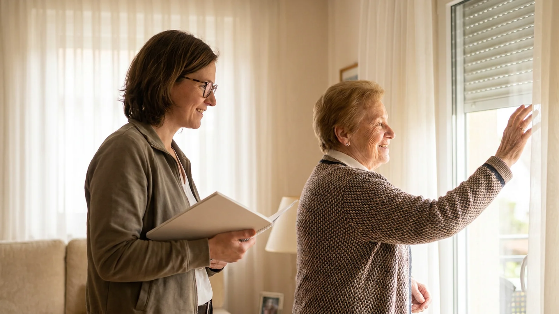 Ergotherapeute observe une senior ouvrir son volet