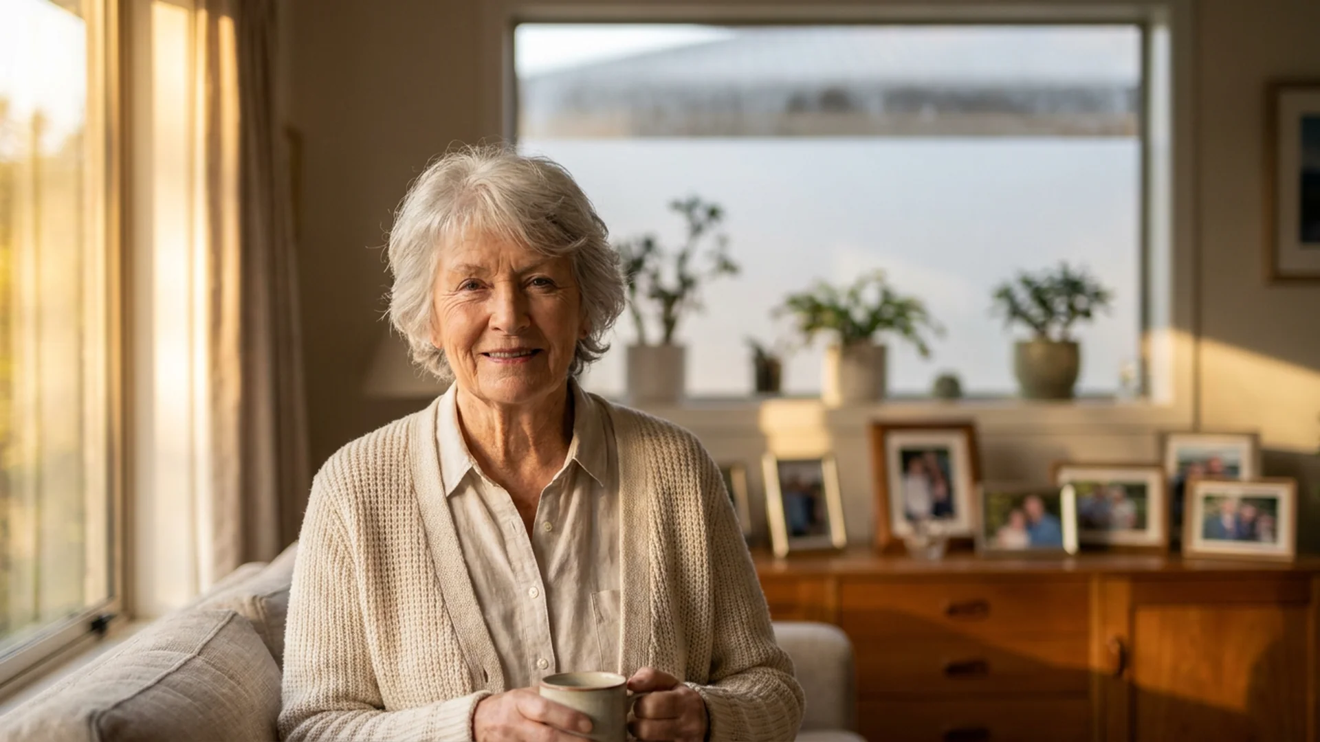Femme senior matin lumiere salon volets ouverts
