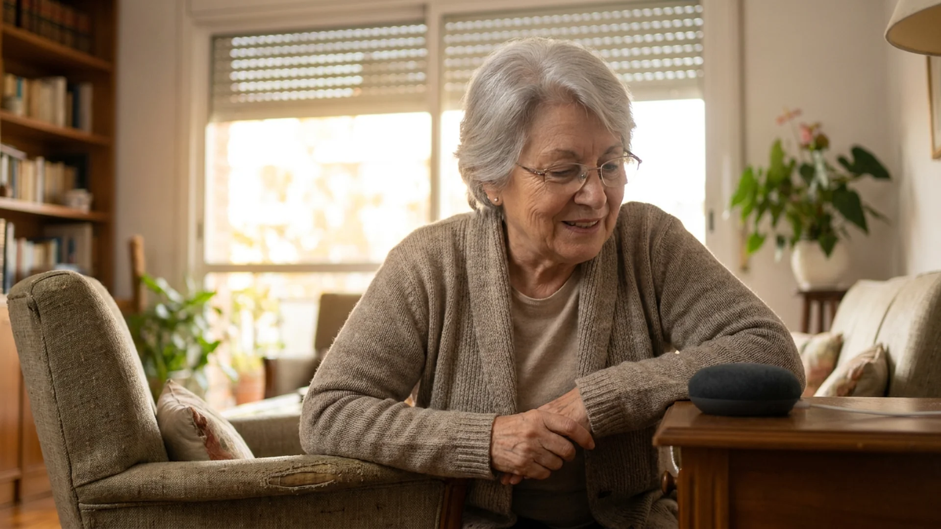 Femme senior parle a une enceinte connectee pour ouvrir ses volets
