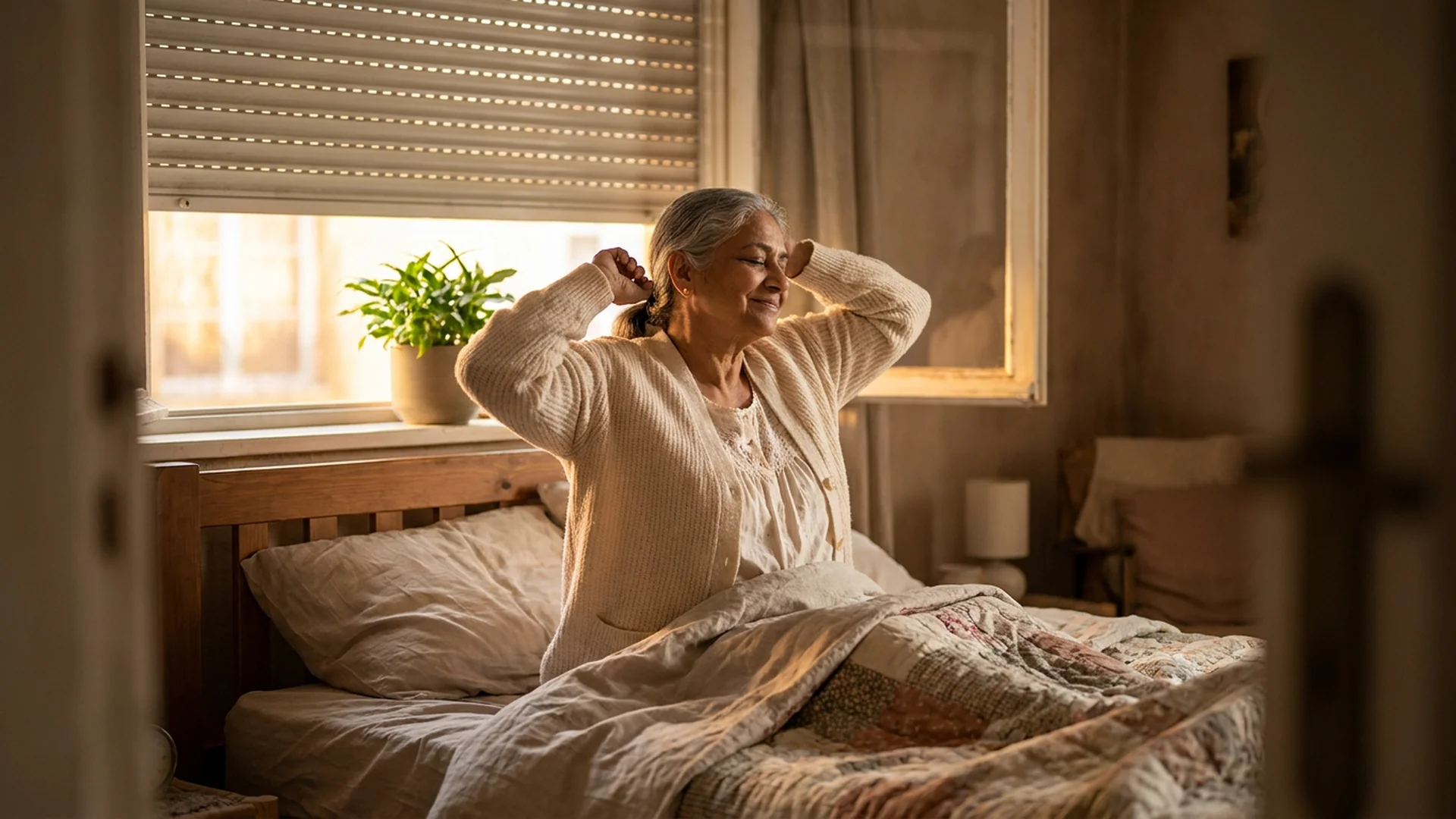 Femme senior reveil lumiere du matin dans la chambre