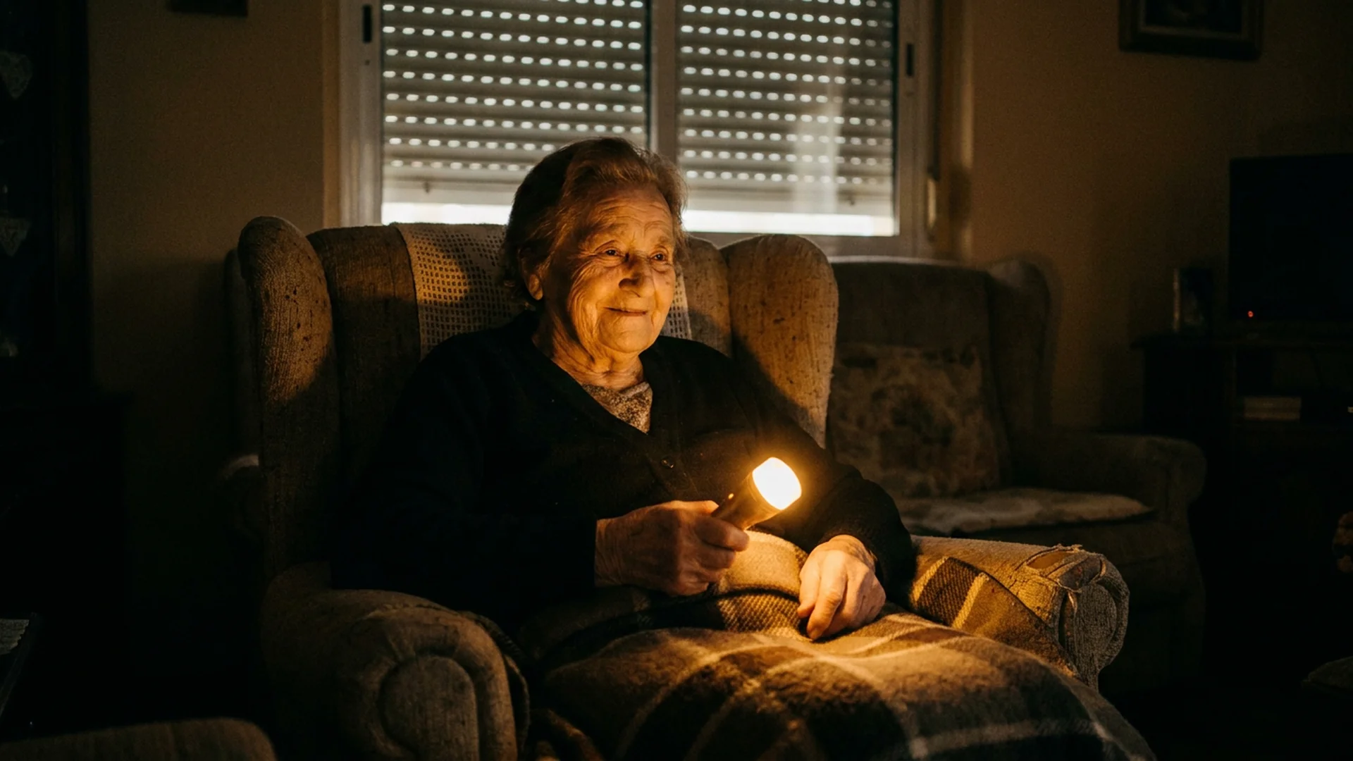 Femme senior sereine tient une lampe torche dans son salon
