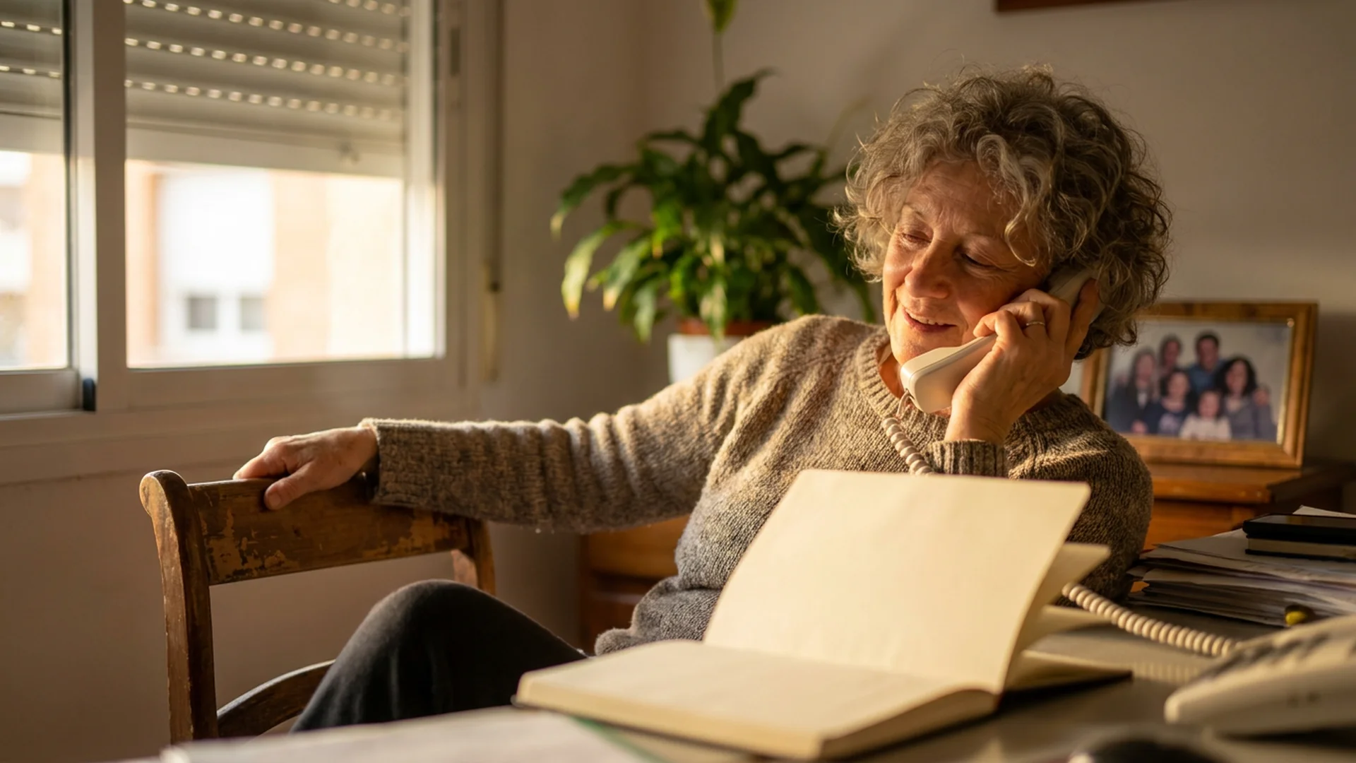 Femme senior telephone bureau fin de journee