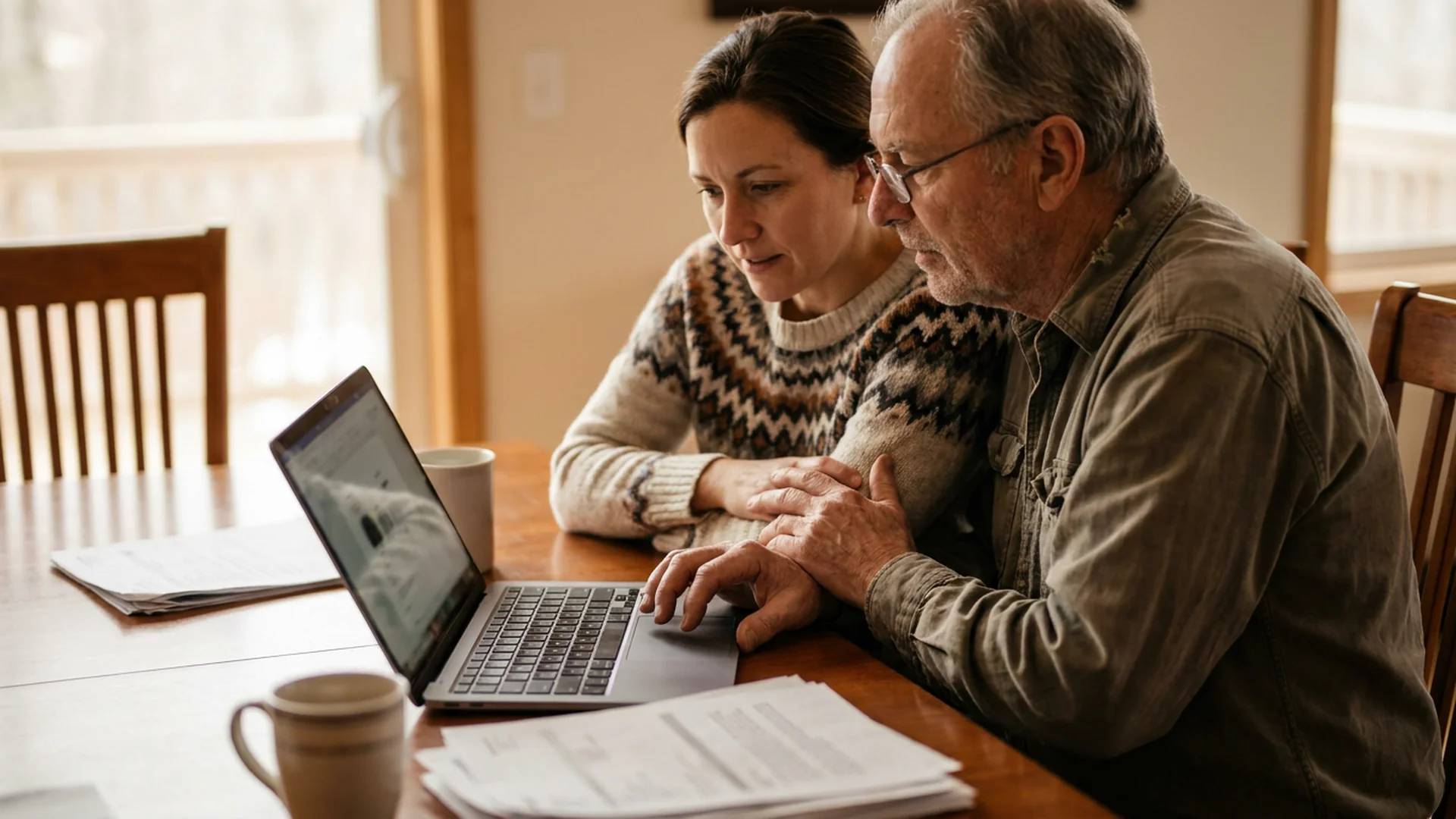 Fille et pere senior preparent un dossier d aide