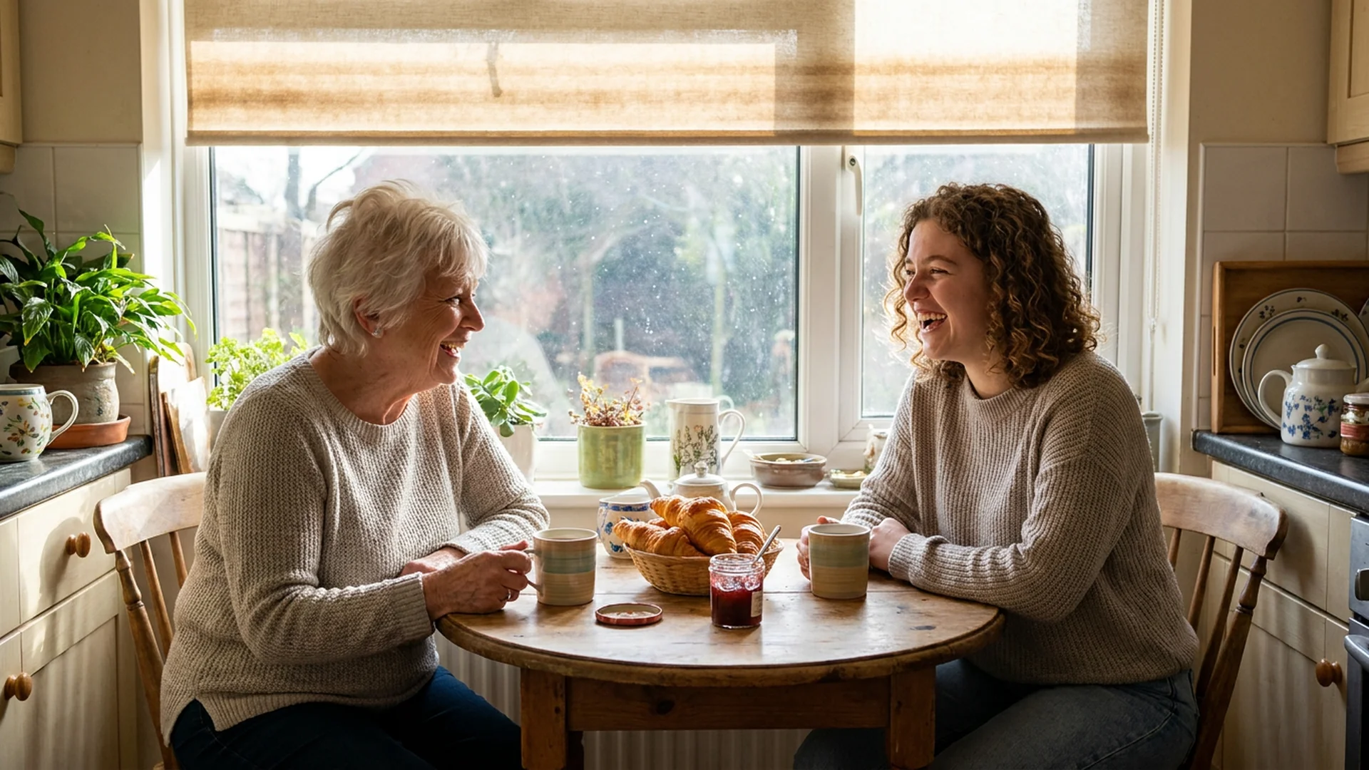 Grand mere et petite fille petit dejeuner cuisine lumineuse