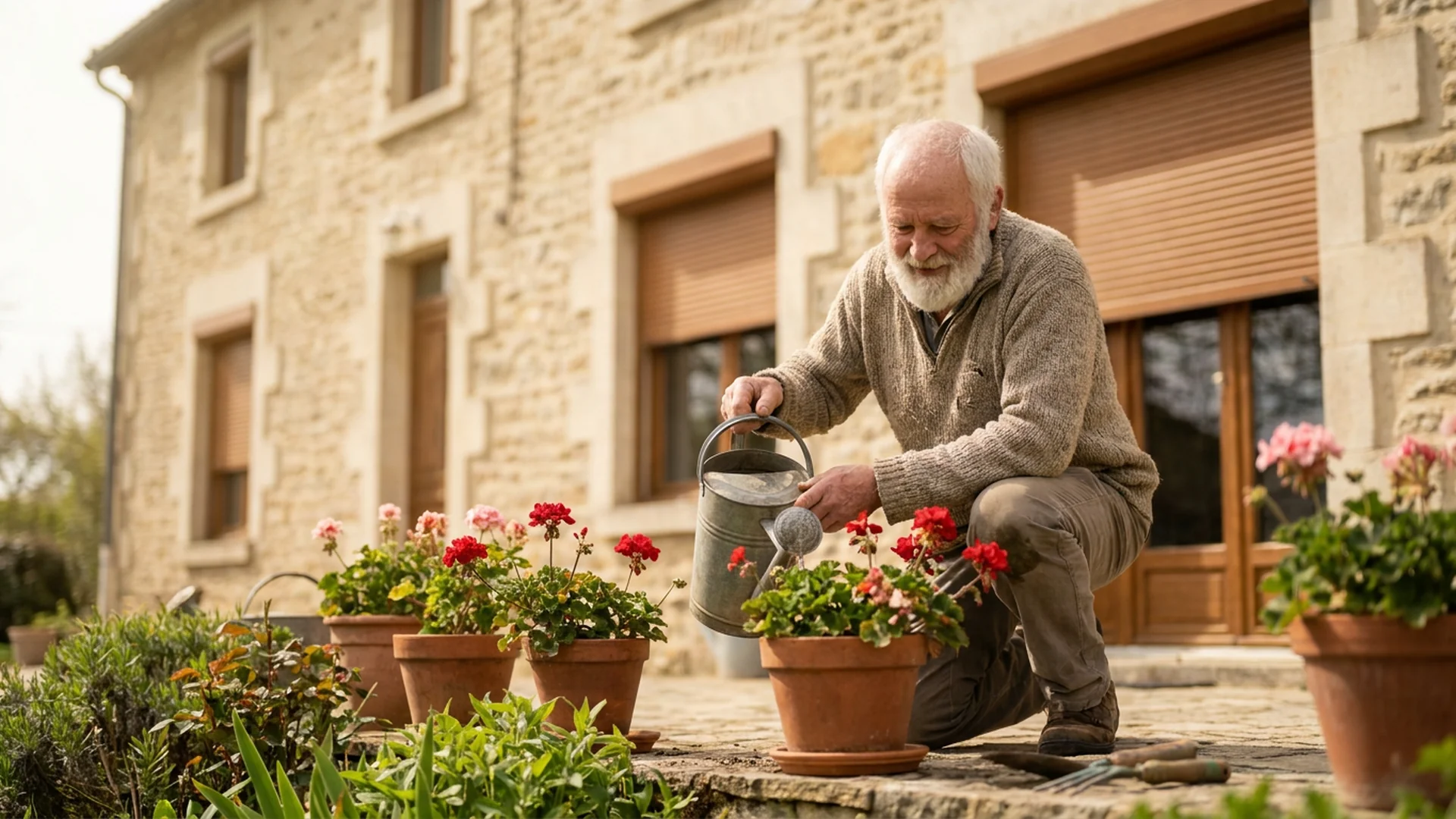 Homme senior arrose plantes devant facade maison
