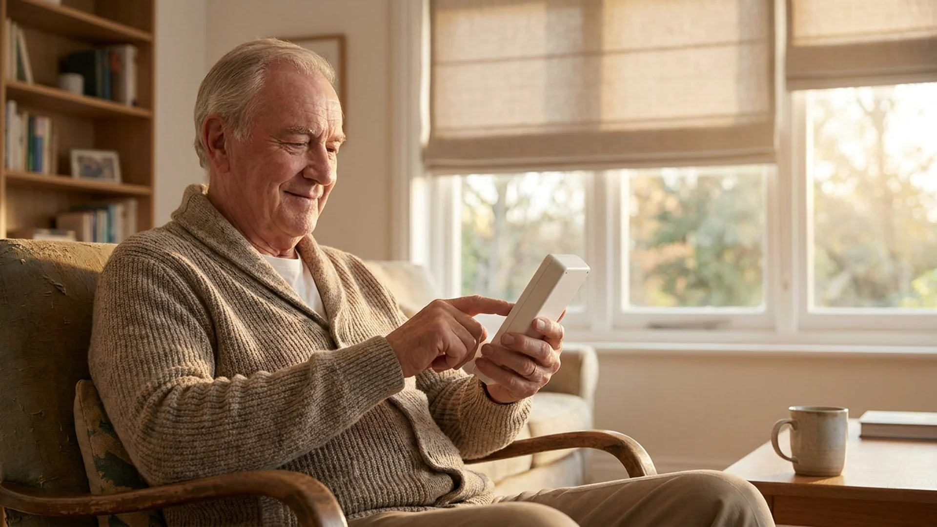 Homme senior commande ses volets avec une telecommande