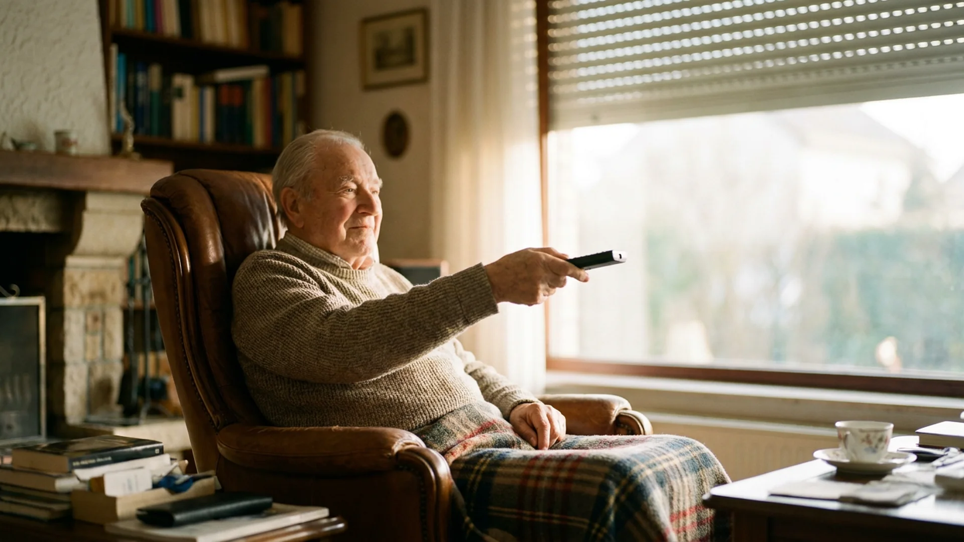 Homme senior leve ses volets avec une telecommande depuis son fauteuil