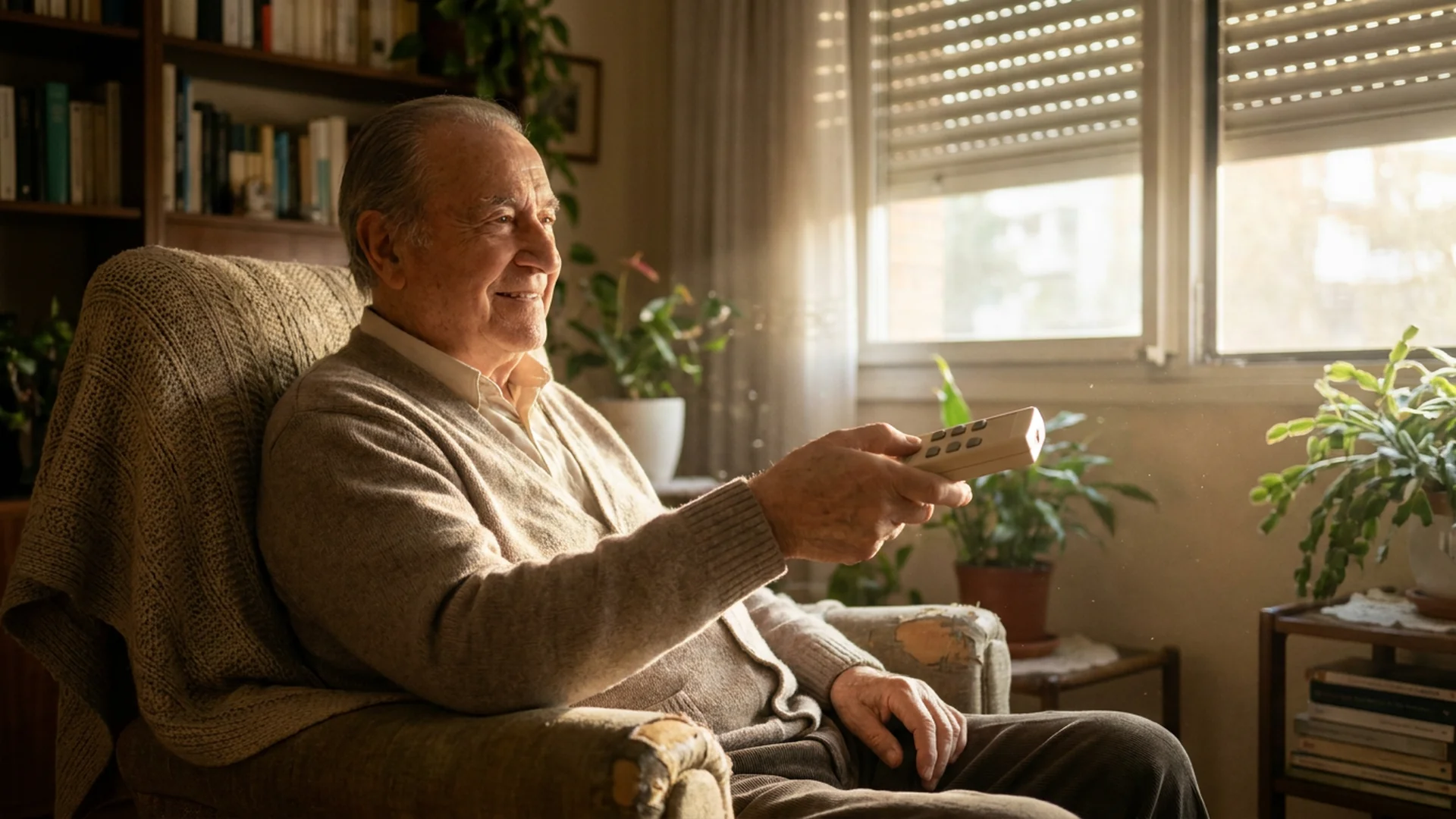 Homme senior leve ses volets depuis son fauteuil avec une telecommande