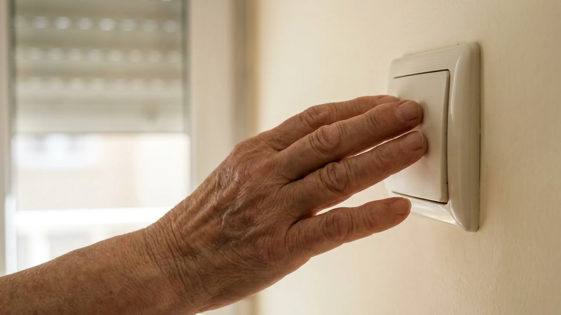 Main senior appuie sur un large interrupteur mural
