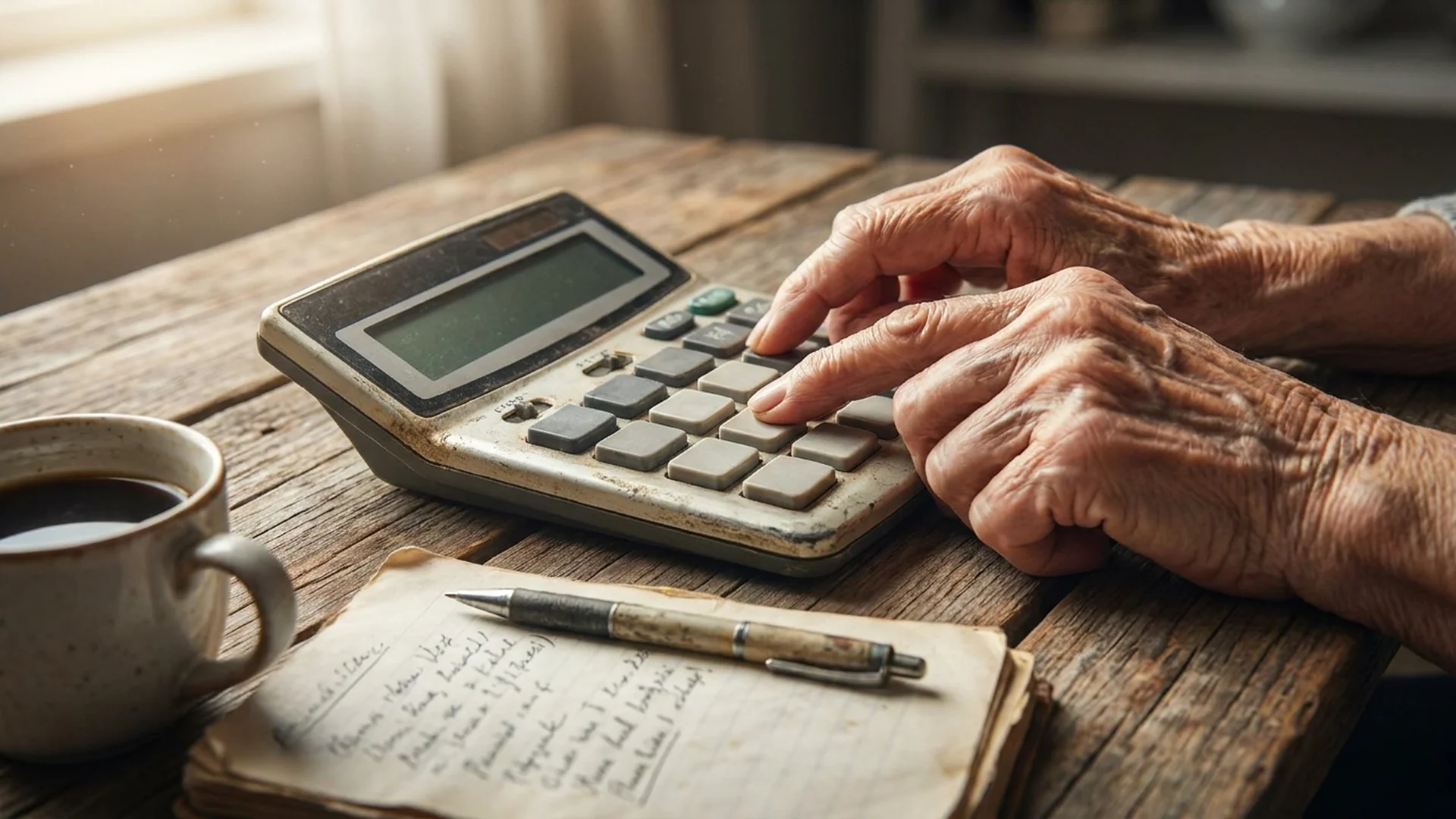 Main senior tient une calculatrice sur une table en bois
