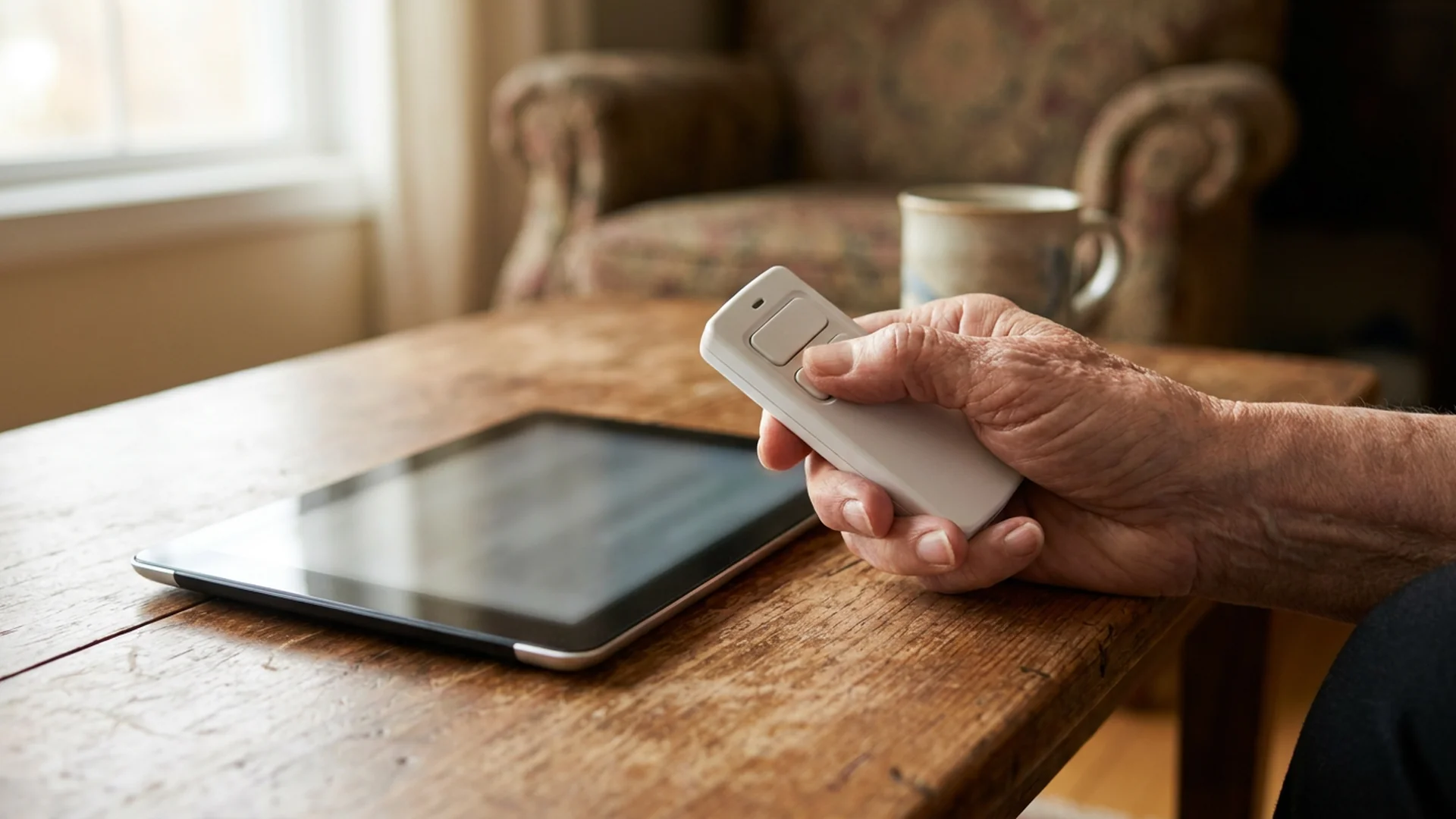 Main senior tient une telecommande de volet pres d une tablette