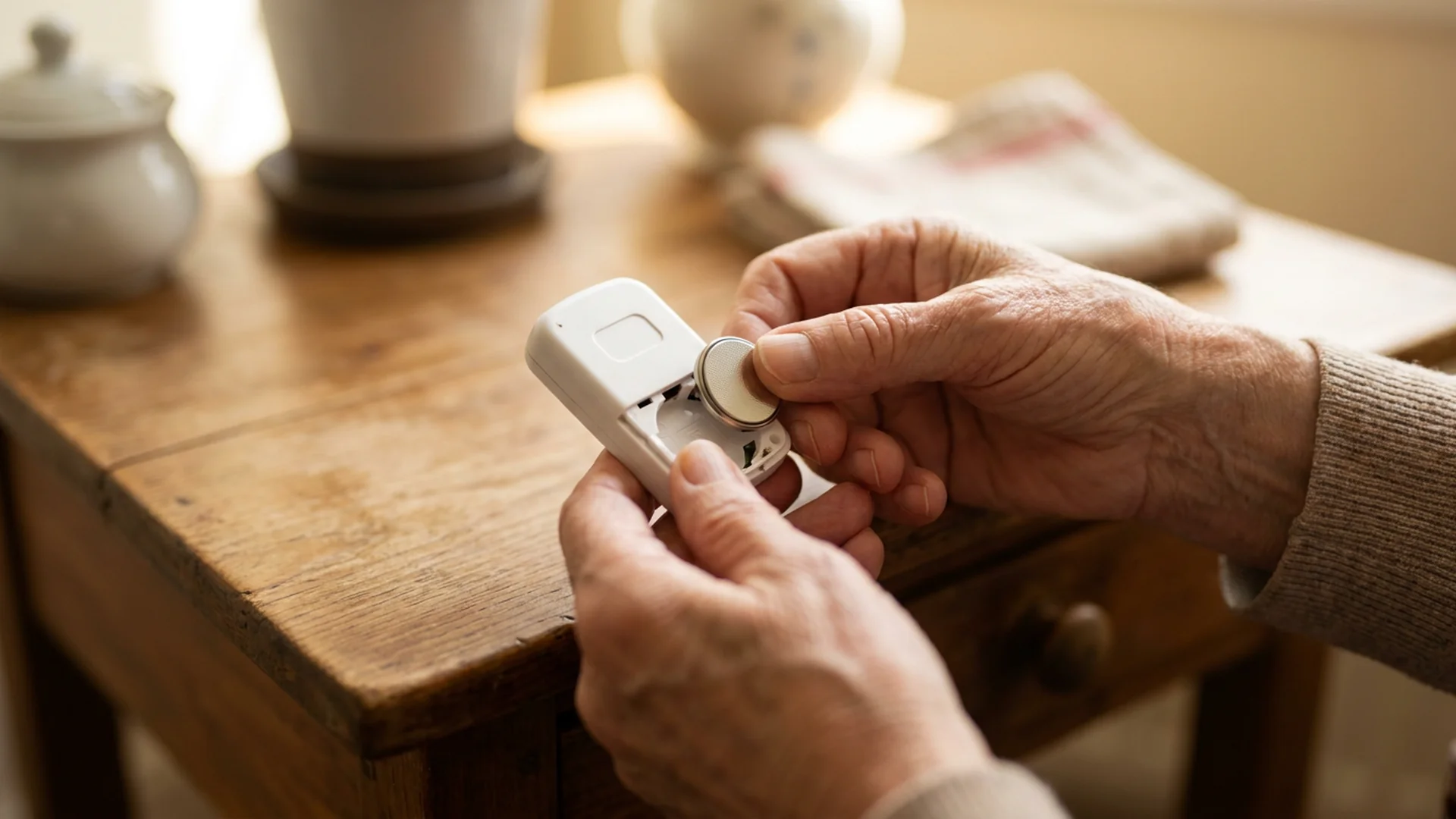 Main tient une telecommande de volet et des piles neuves