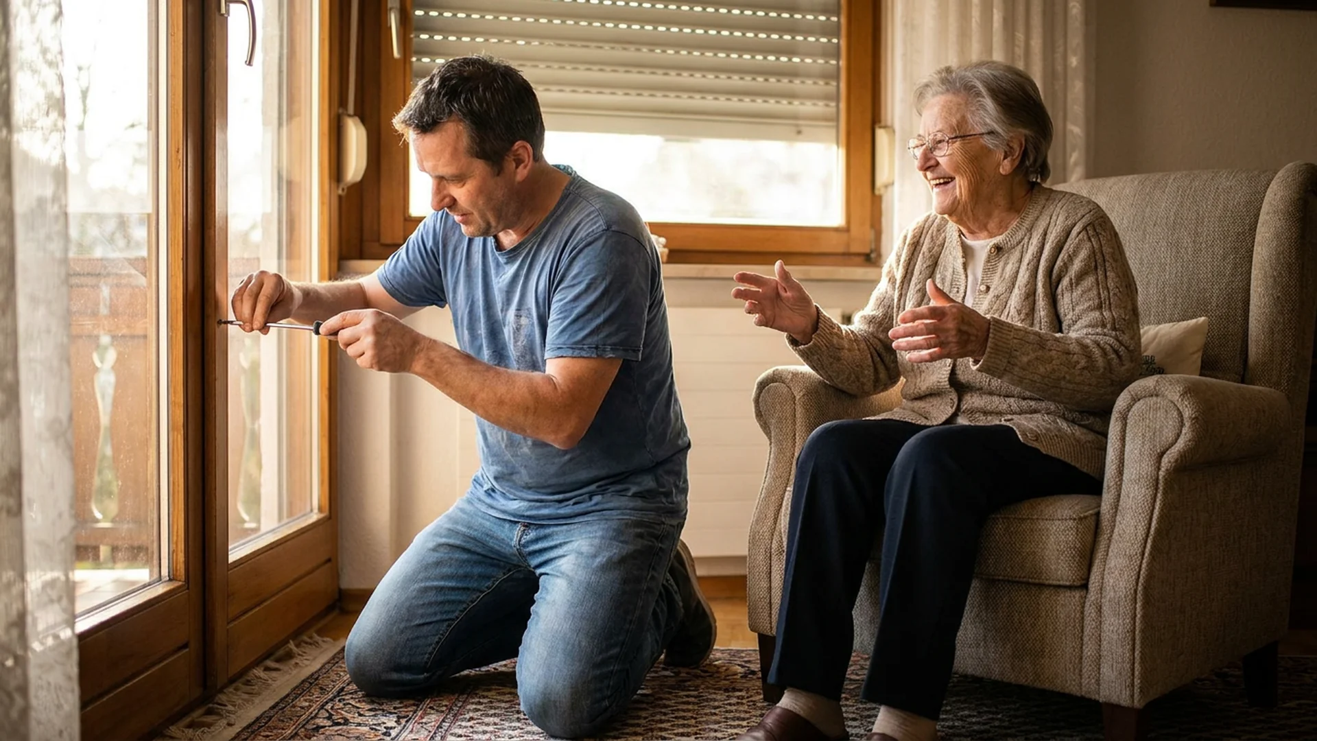 Petit fils change une manivelle sous le regard de sa grand mere