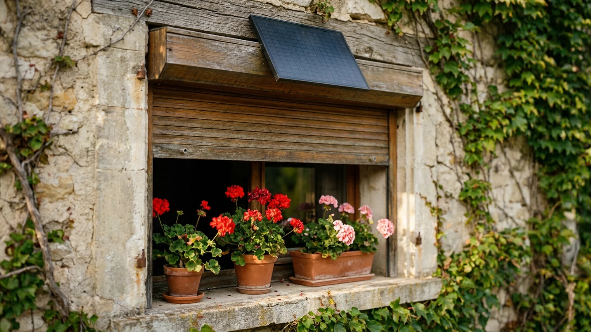 Petit panneau solaire sur le coffre d un volet roulant connecte