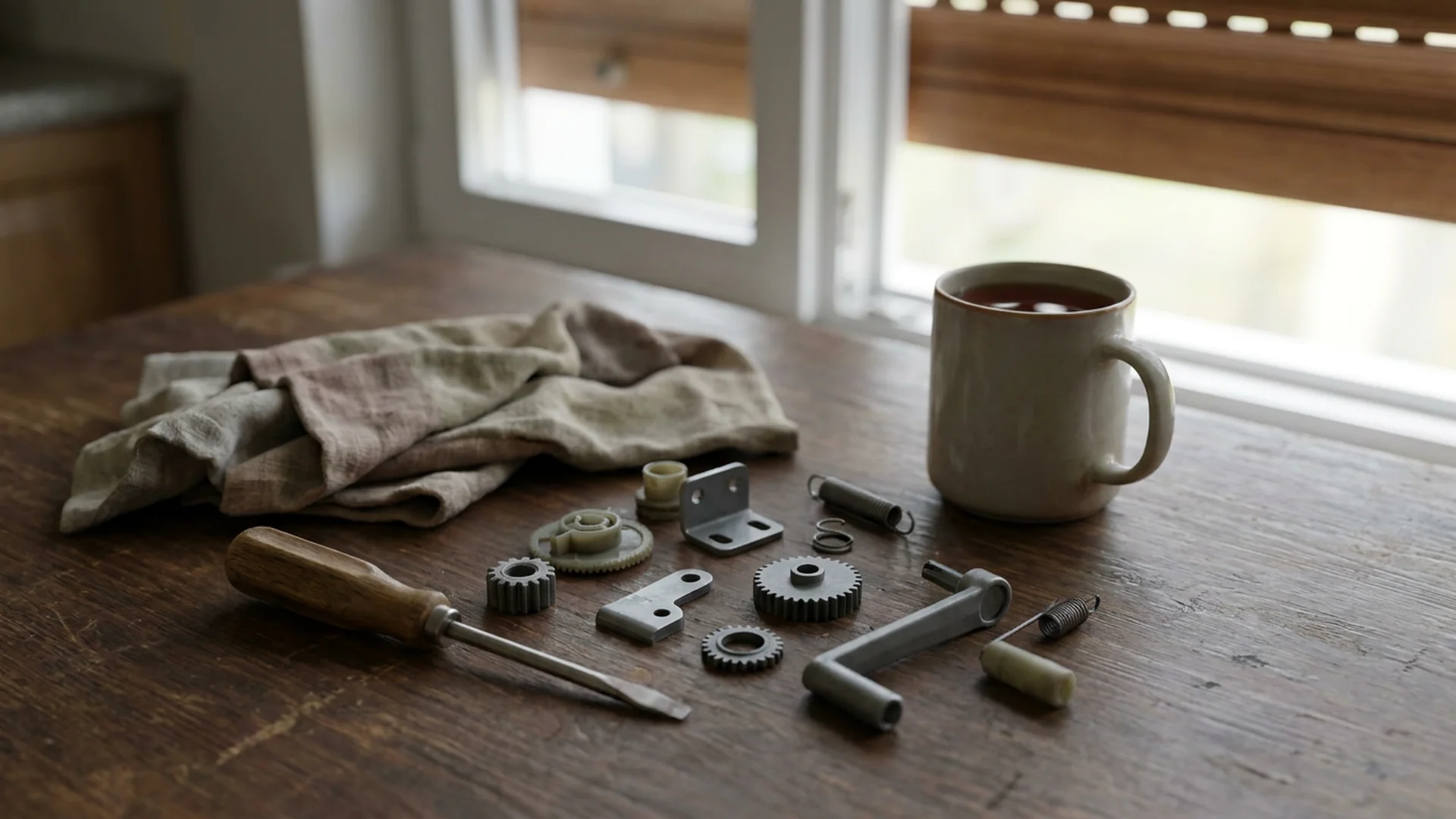 Petites pieces de volet sur une table de cuisine en bois