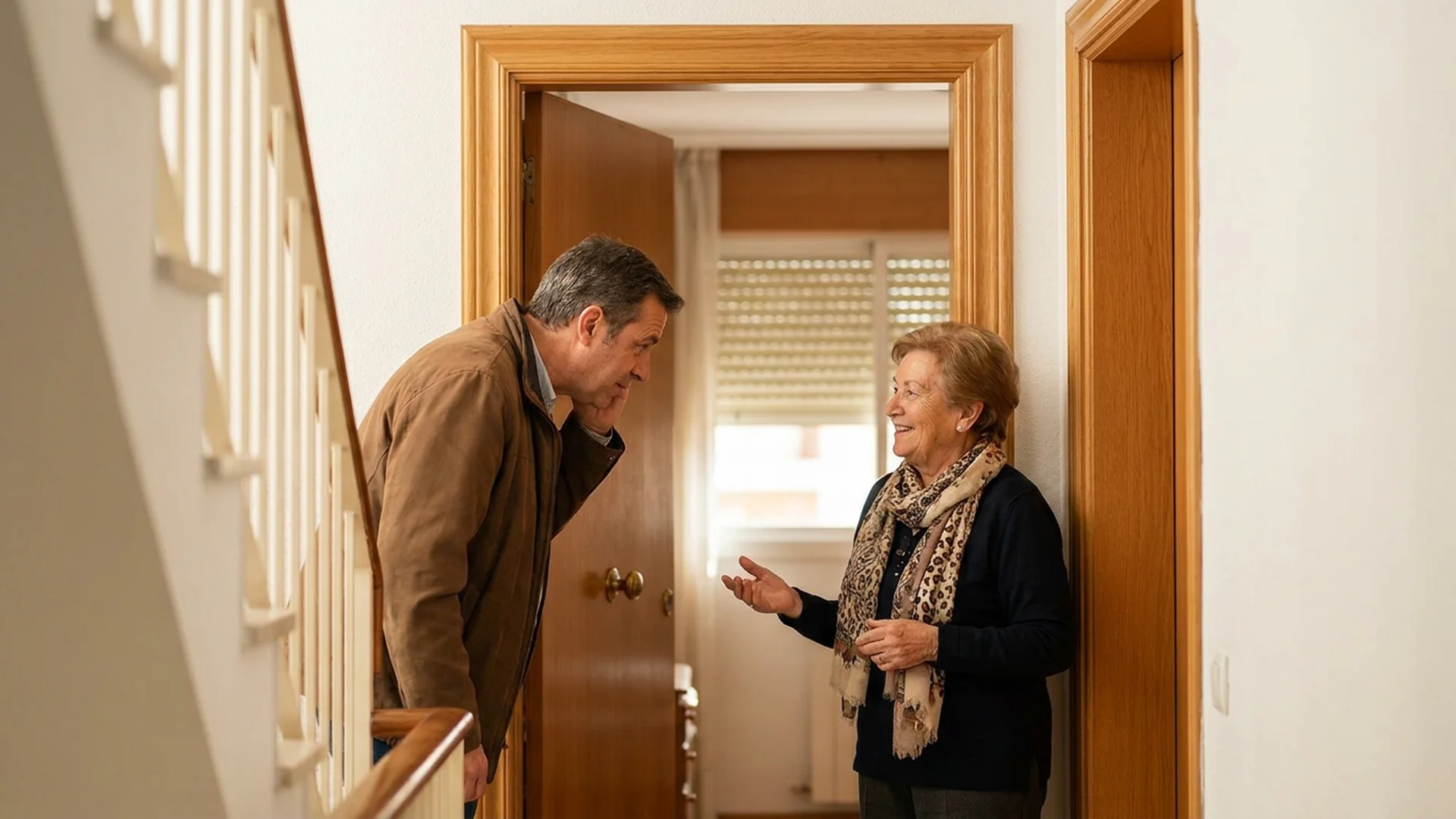 Proprietaire et locataire senior discutent sur le palier