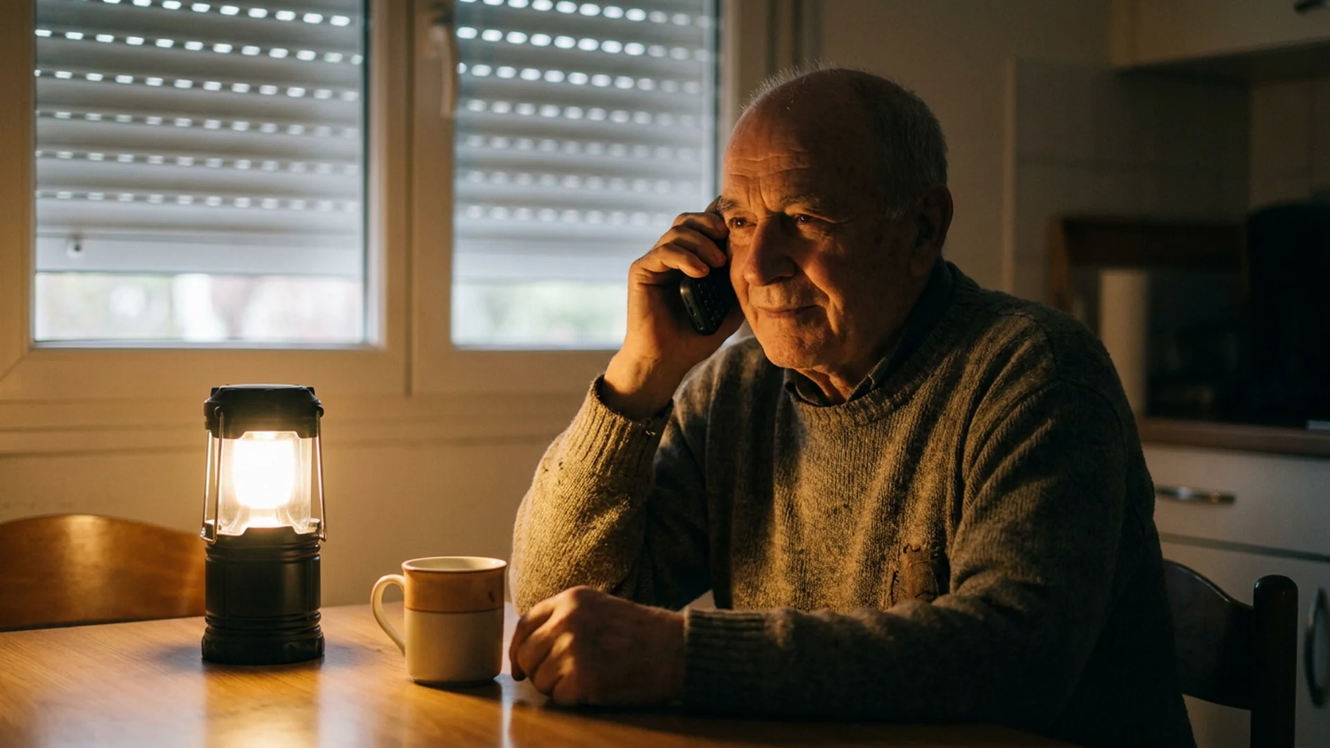 Senior appelle un proche au telephone pendant une coupure