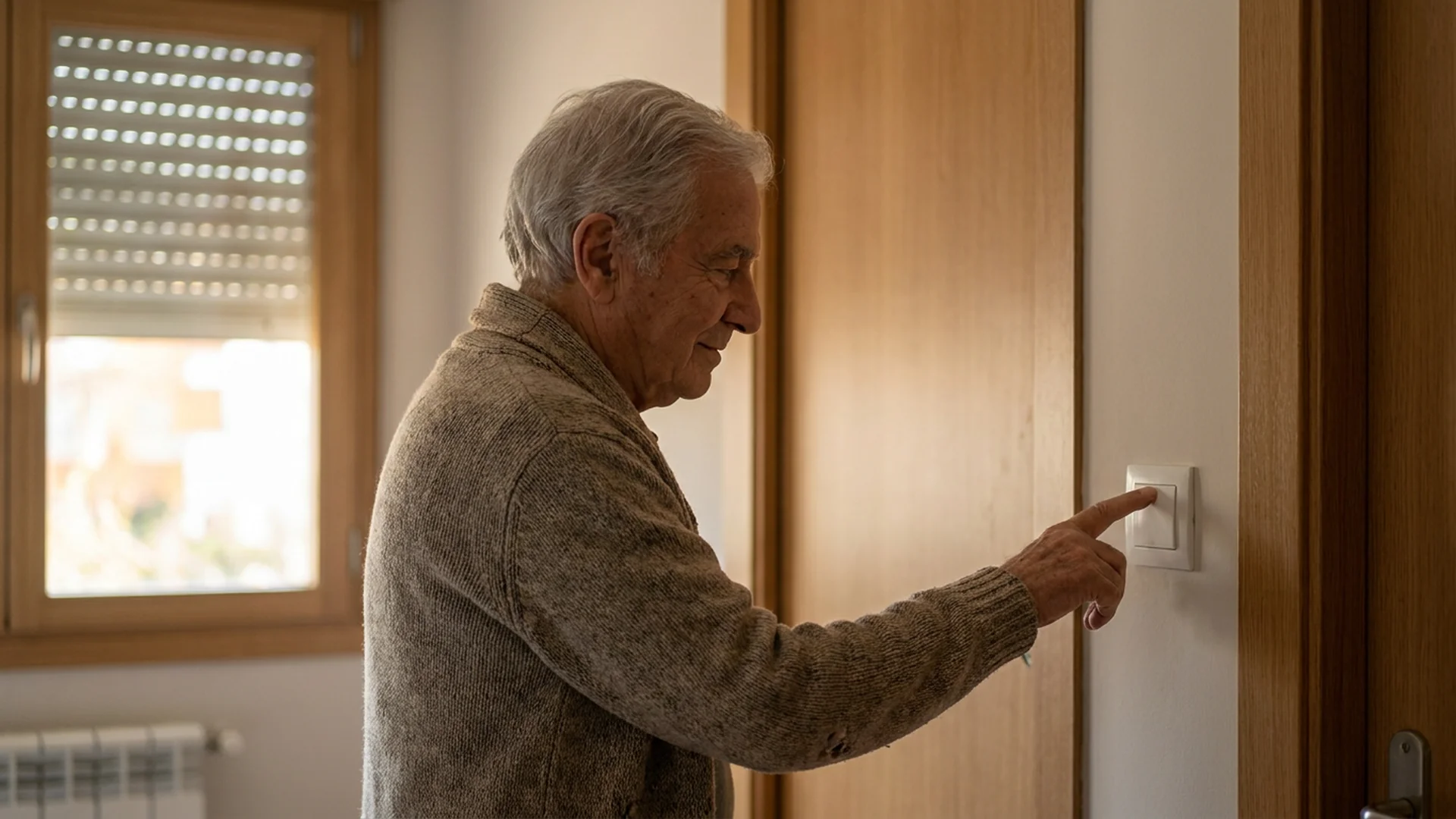 Senior ouvre ses volets avec un interrupteur mural