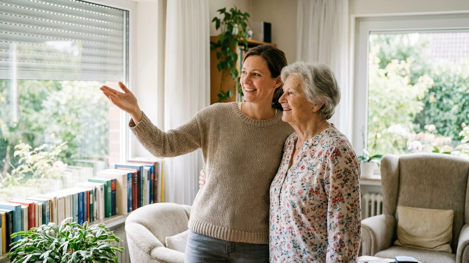 Ergotherapeute conseille une senior sur ses volets
