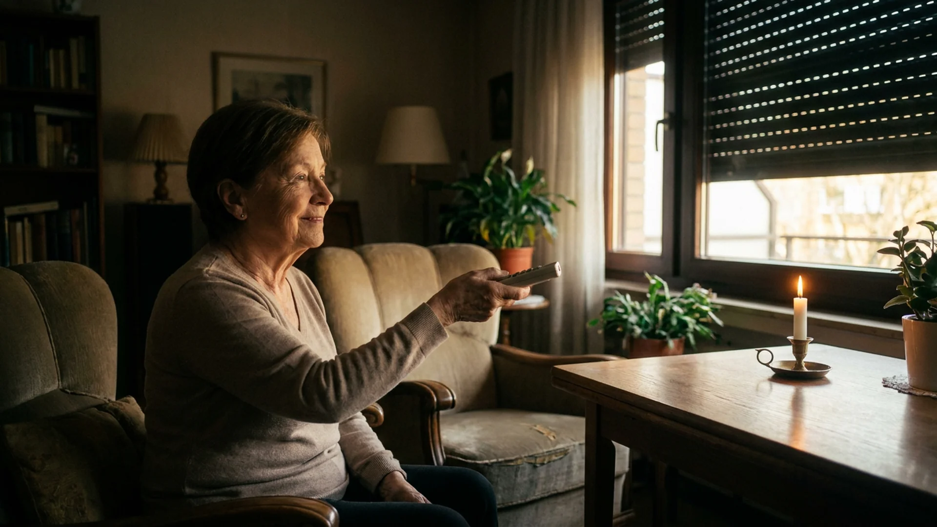 Femme senior ouvre son volet pendant une coupure de courant