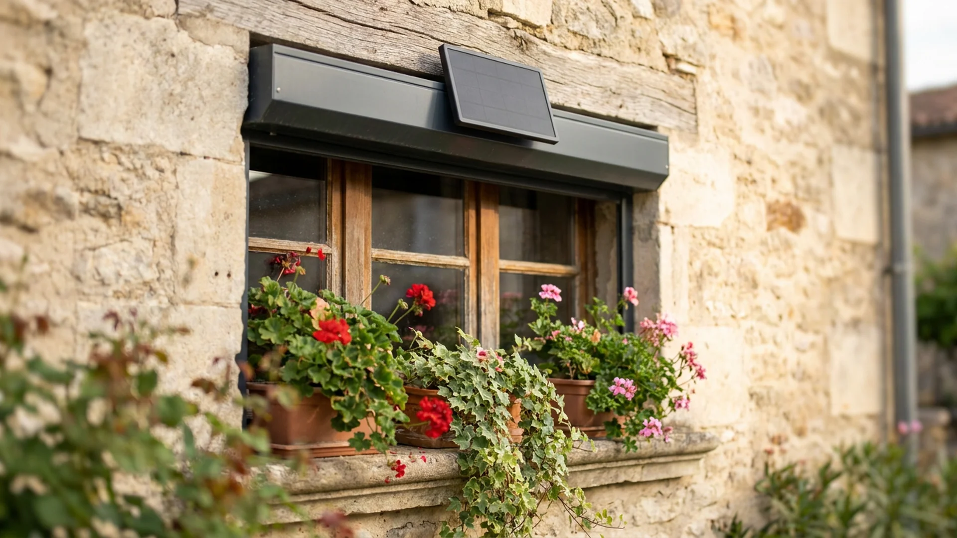 Petit panneau solaire sur le coffre d un volet roulant de maison